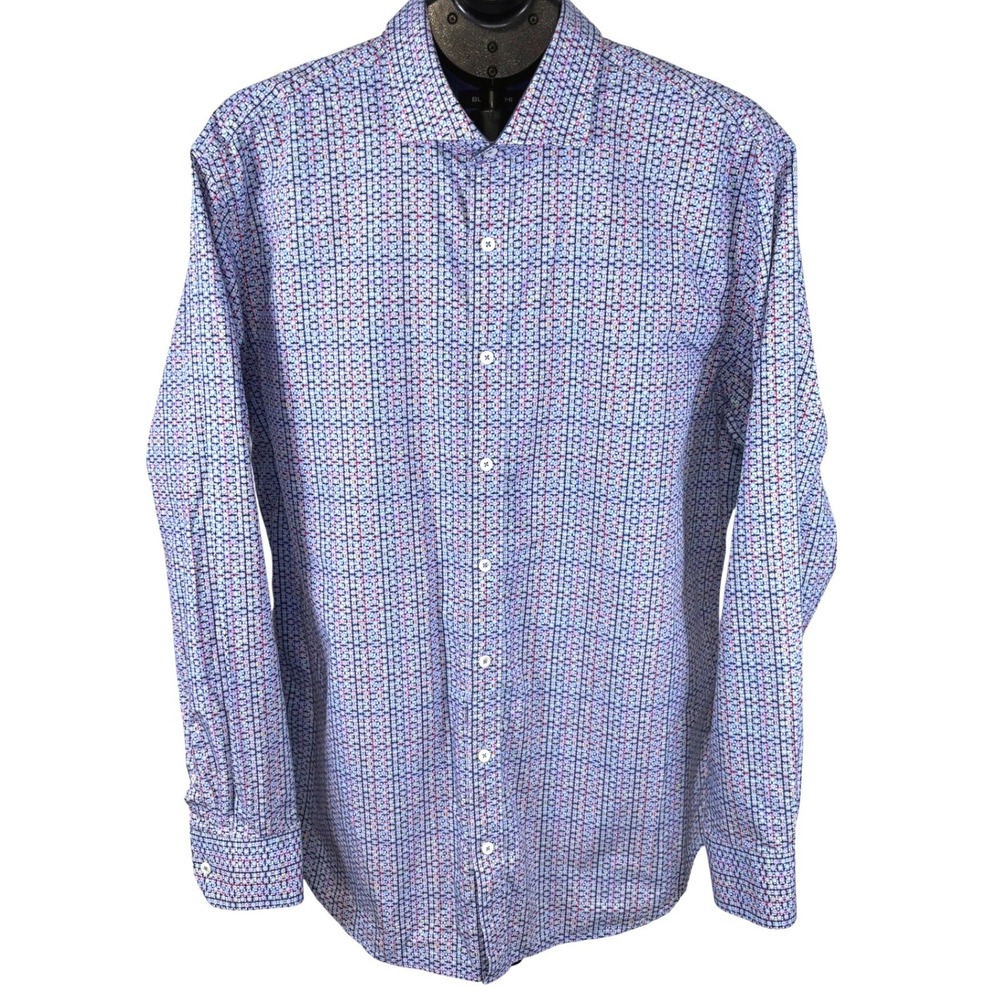 Bugatchi Mens XL Classic Fit Long Sleeve Button Down Shirt Blue Geometric Floral
